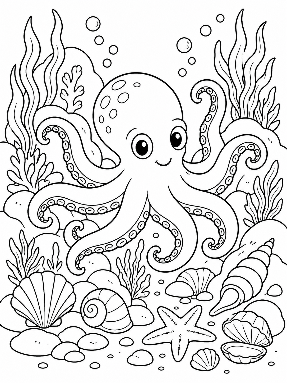 Octopus Among Seaweed — ocean coloring pages