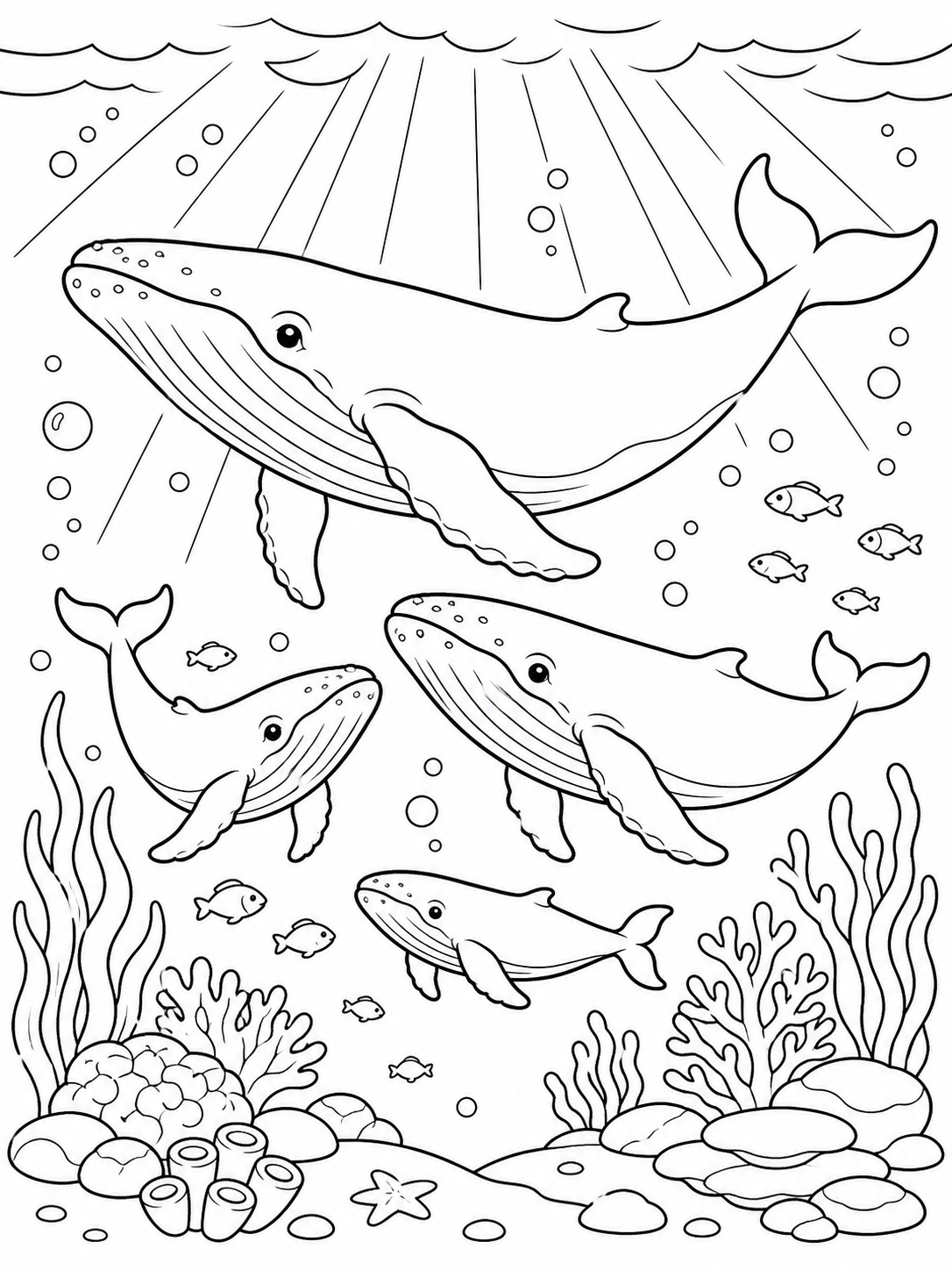 Whale Family Swimming — ocean coloring pages