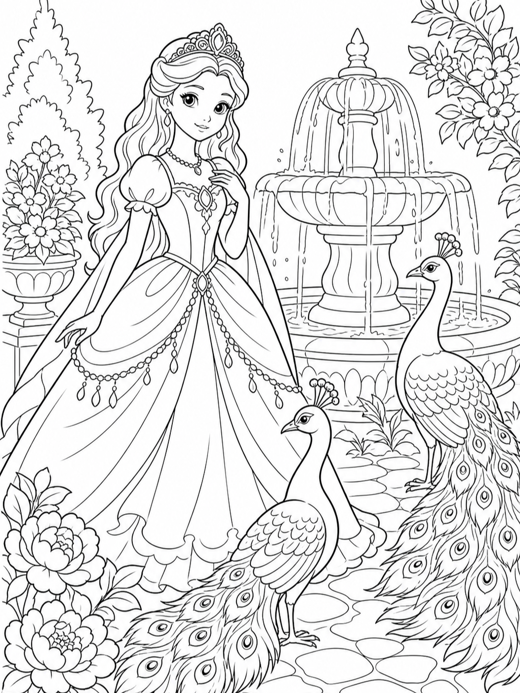 Princess With Peacocks — princess coloring pages