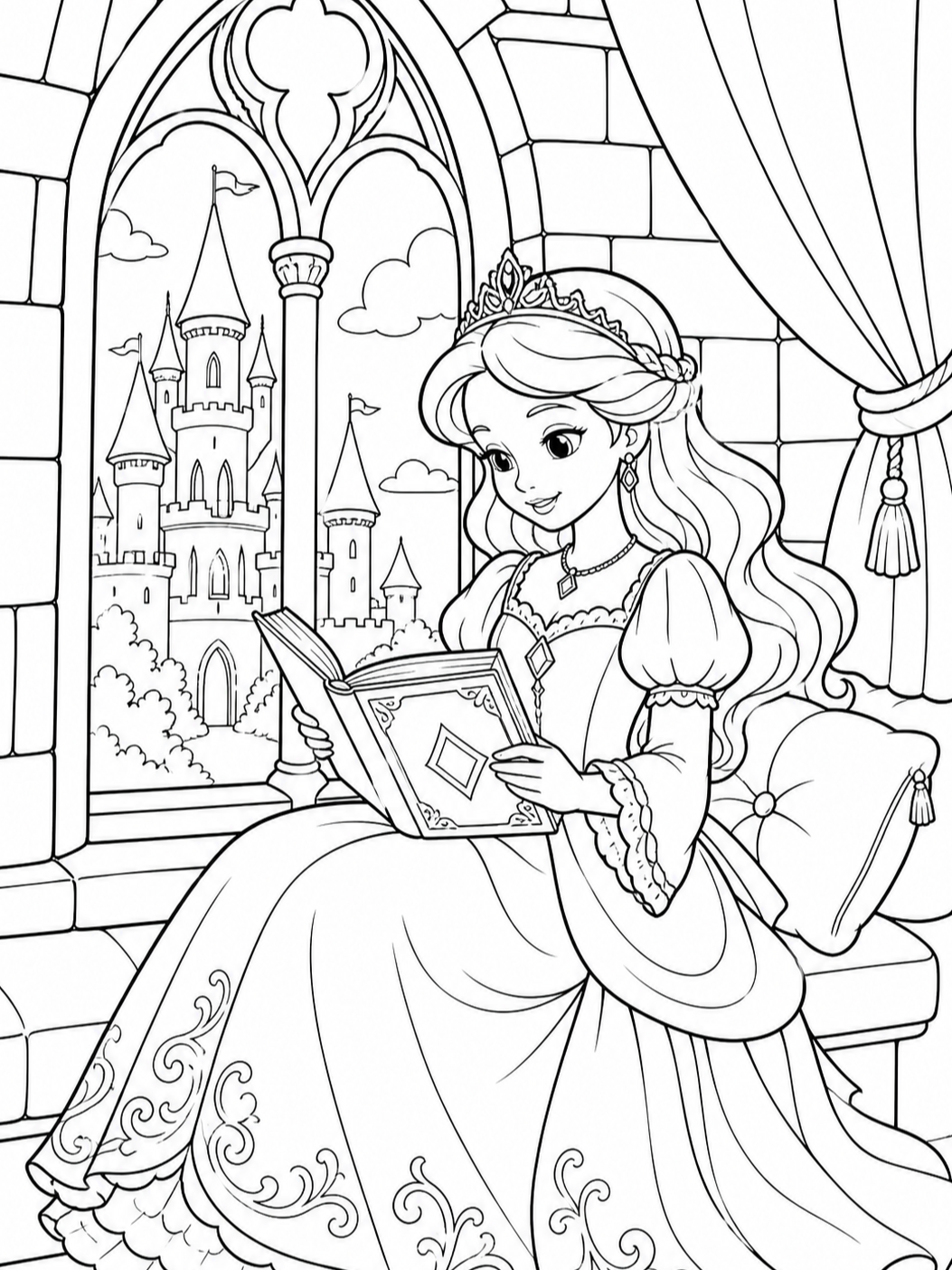Princess Reading By Window — princess coloring pages