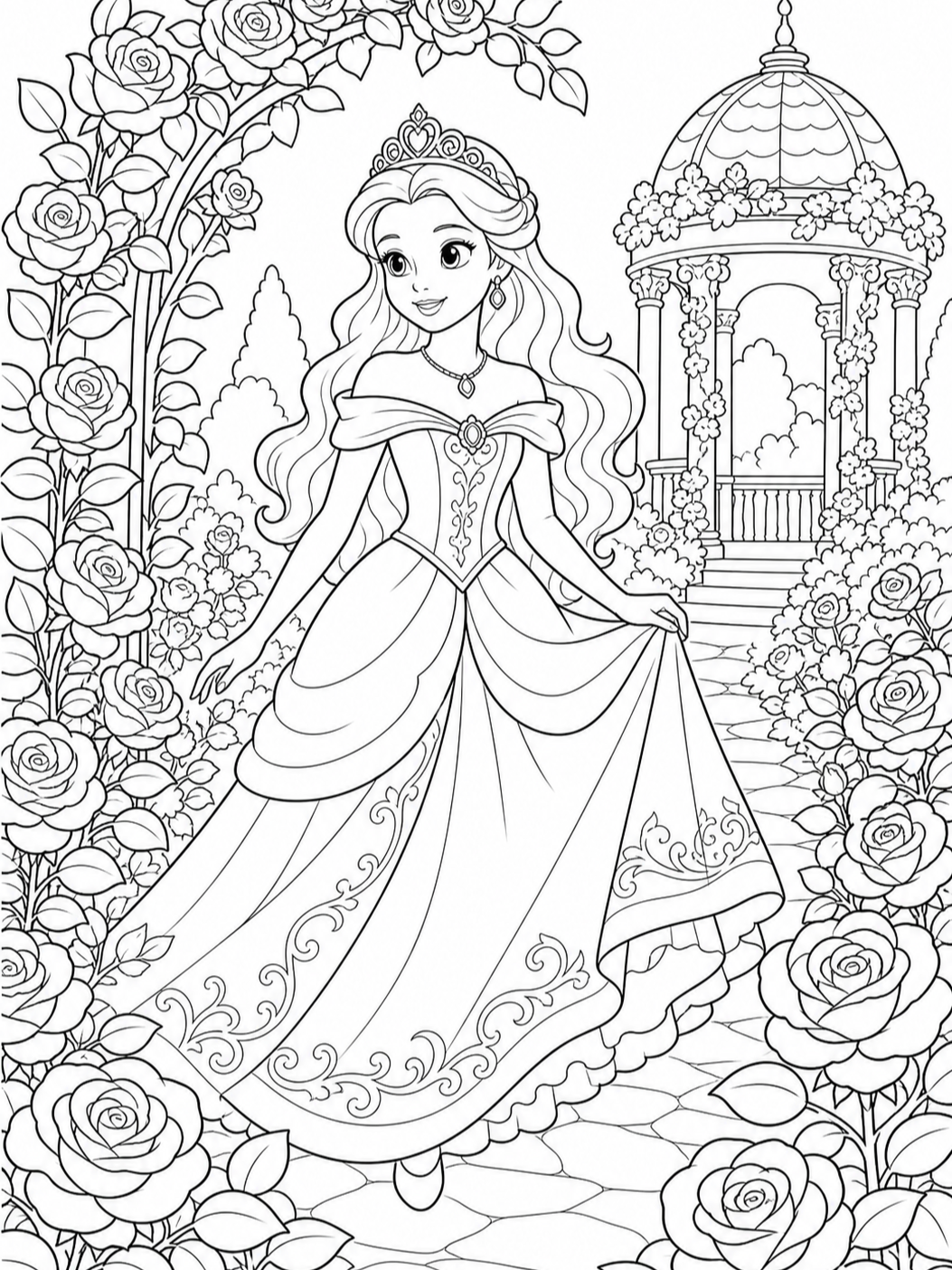 Princess In Rose Garden — princess coloring pages