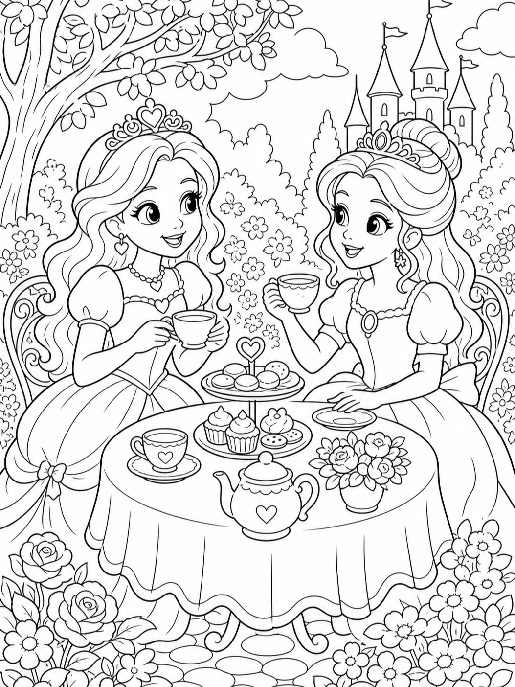 Princesses At Tea Party — princess coloring pages