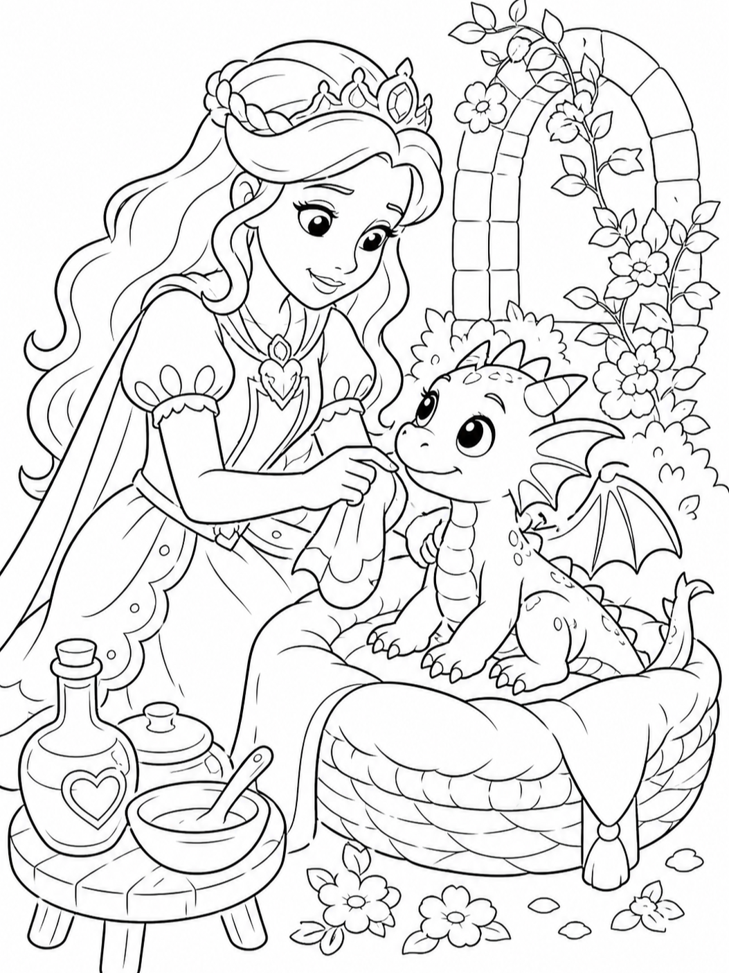 Princess With Baby Dragon — princess coloring pages