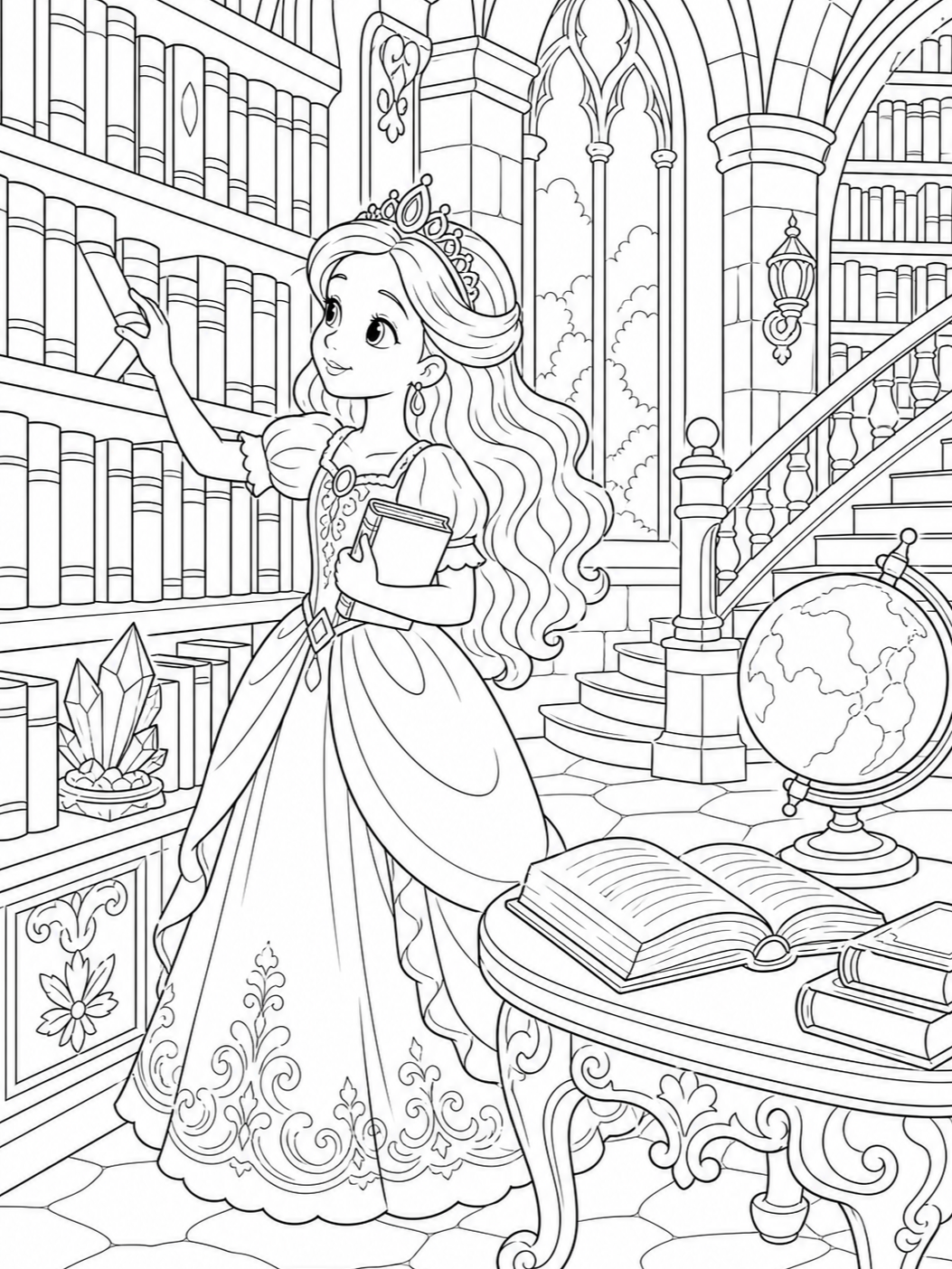Princess In The Library — princess coloring pages