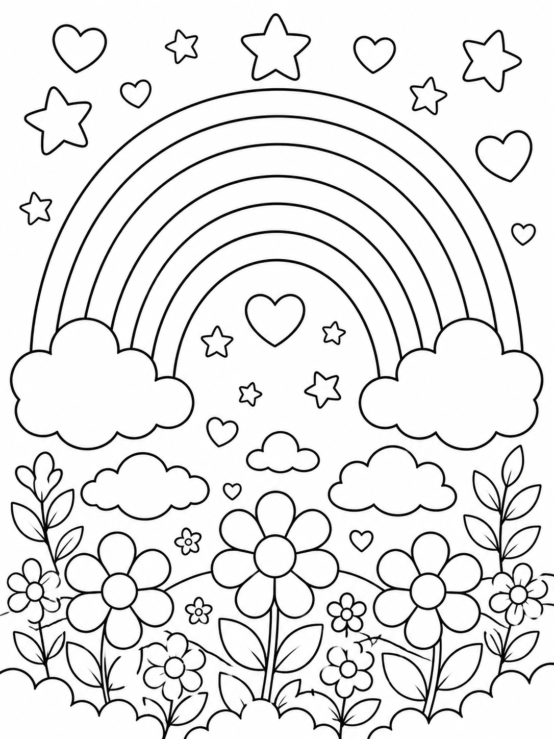Rainbow With Hearts And Flowers — rainbow coloring page