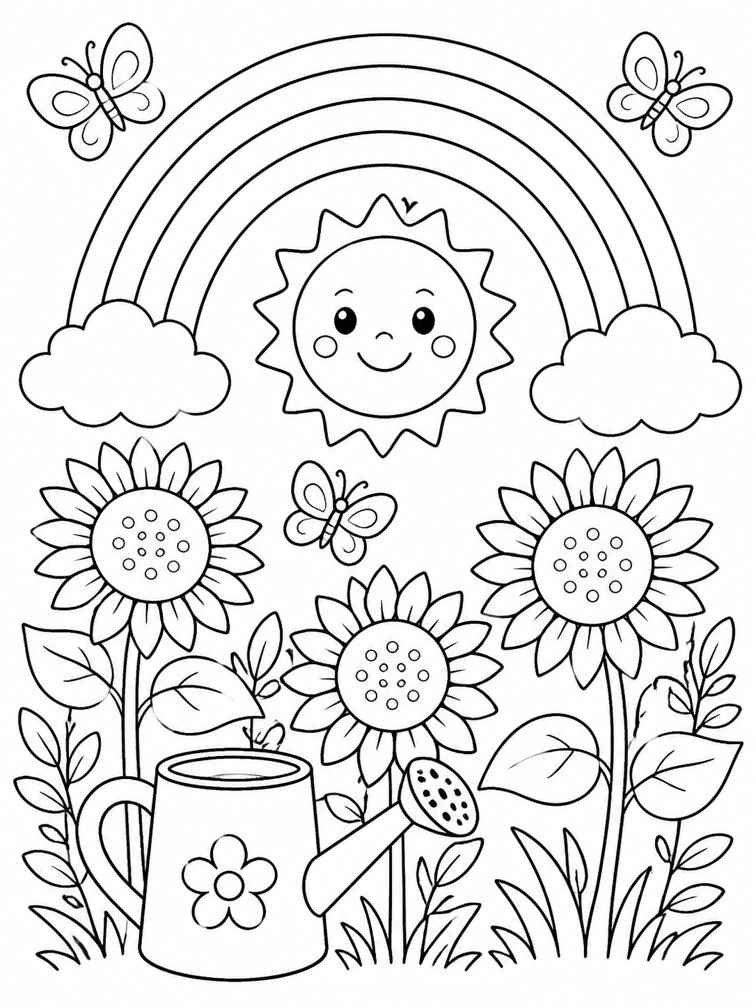 Rainbow And Sunflowers — rainbow coloring page