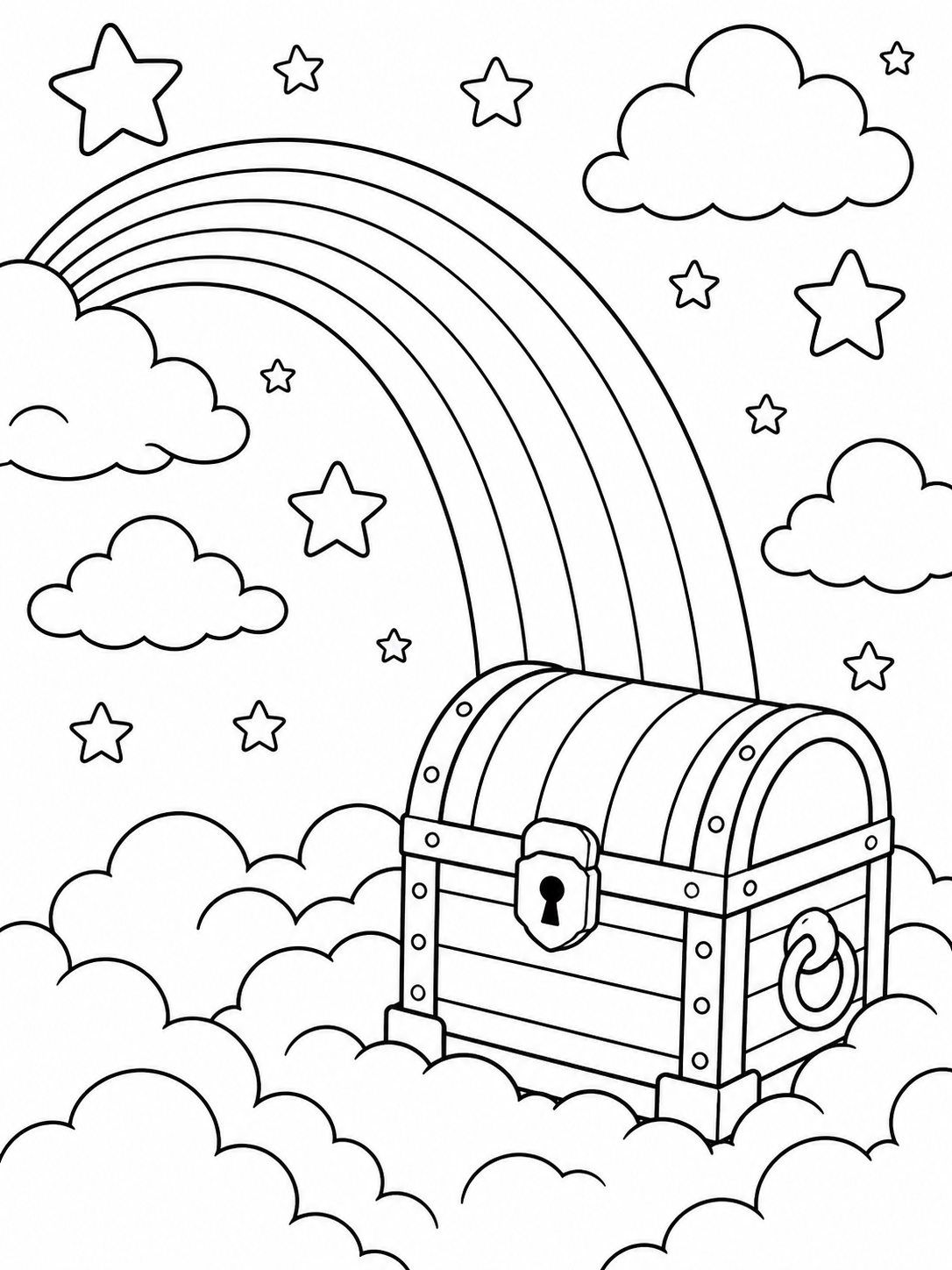 Rainbow And Treasure Chest — rainbow coloring page