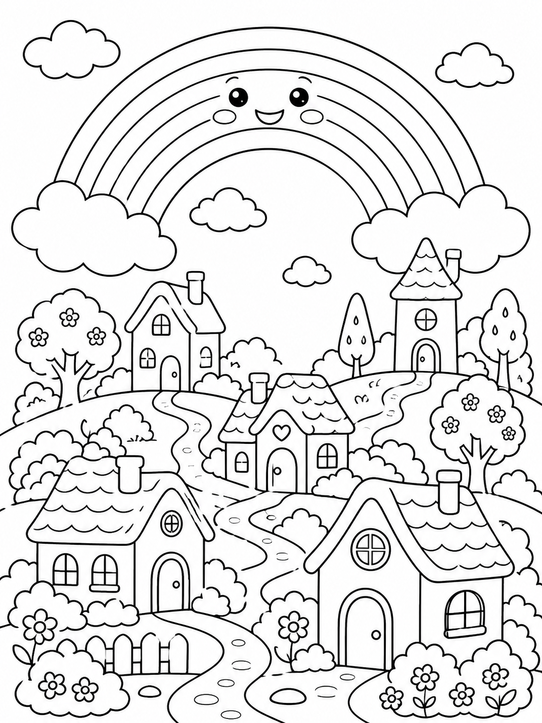 Smiling Rainbow Over Village — rainbow coloring page