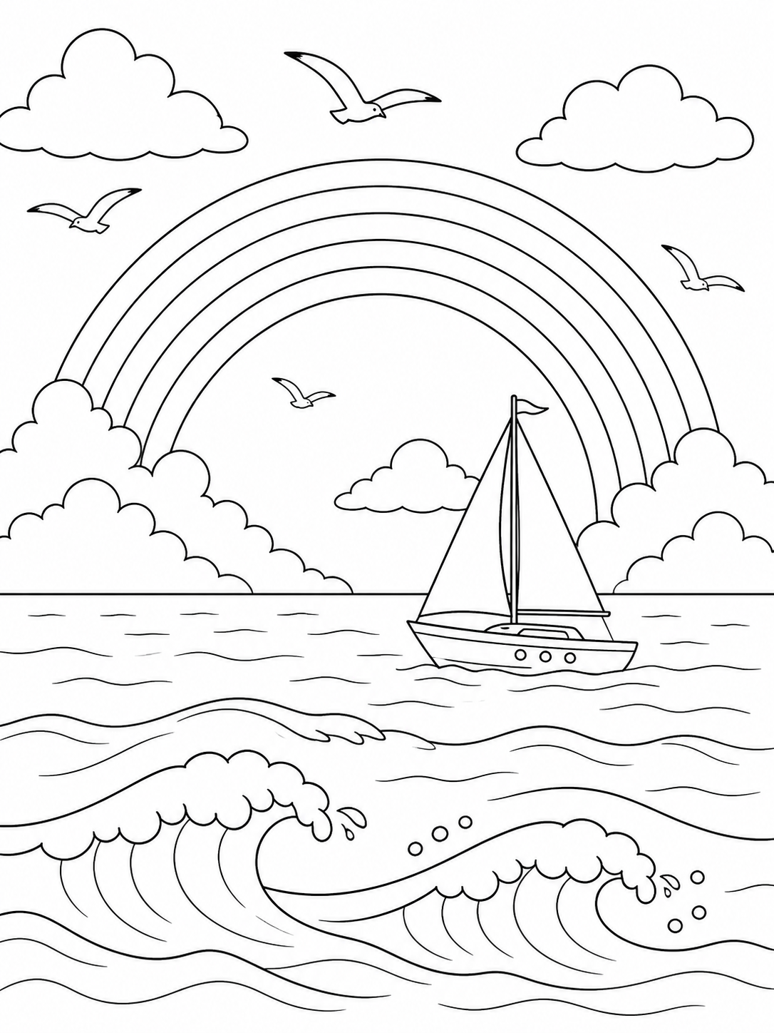Rainbow Over Sailboat — rainbow coloring page