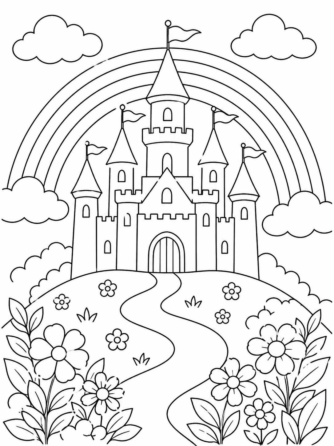 Rainbow Over Castle — rainbow coloring page