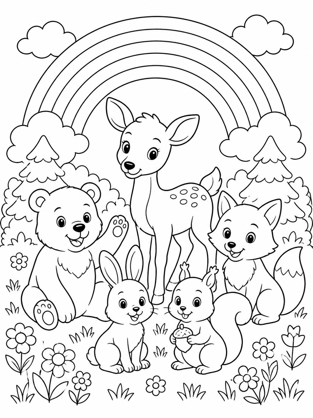 Rainbow With Forest Animals — rainbow coloring page