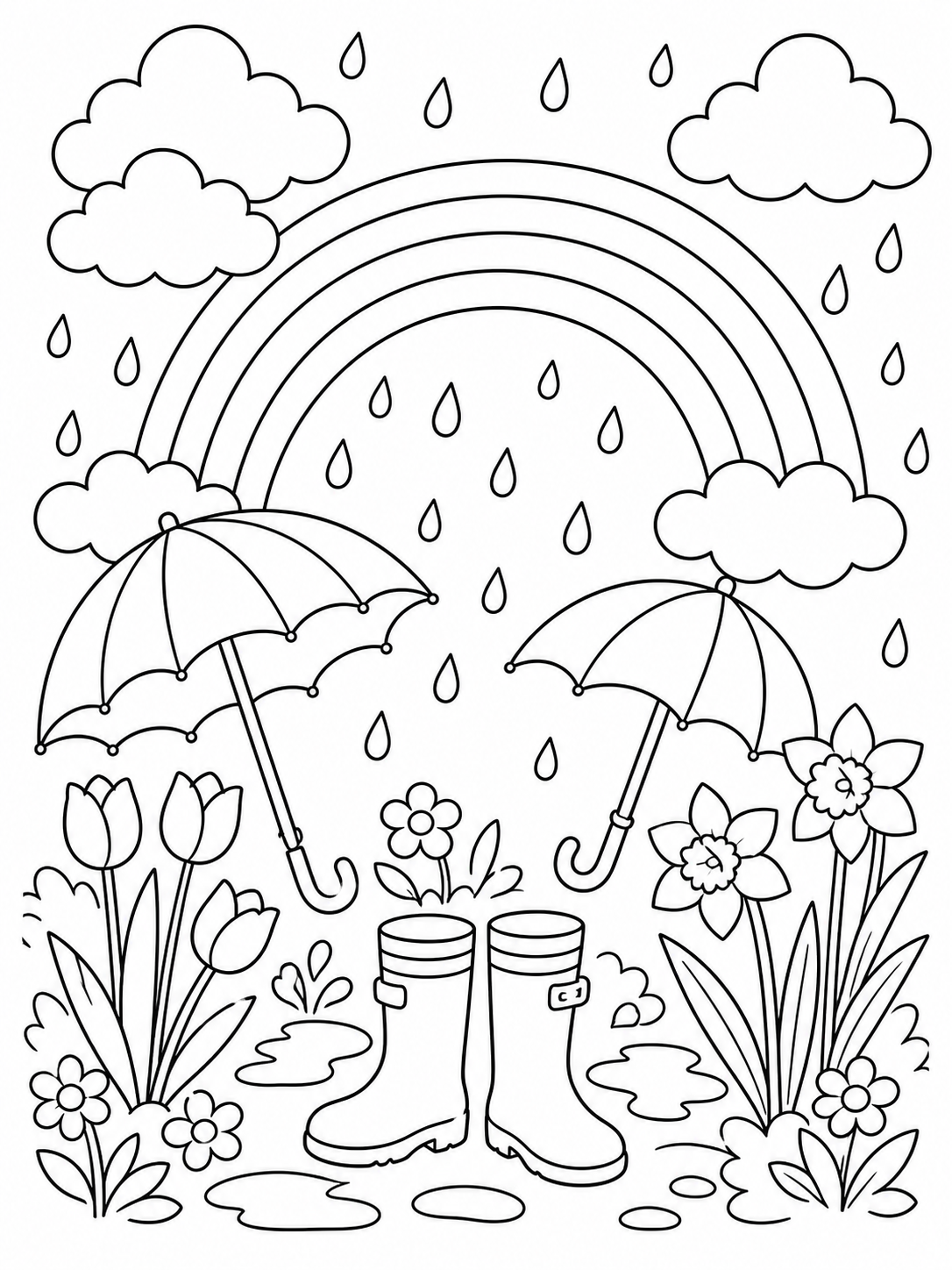 Rainbow With Umbrellas — rainbow coloring page