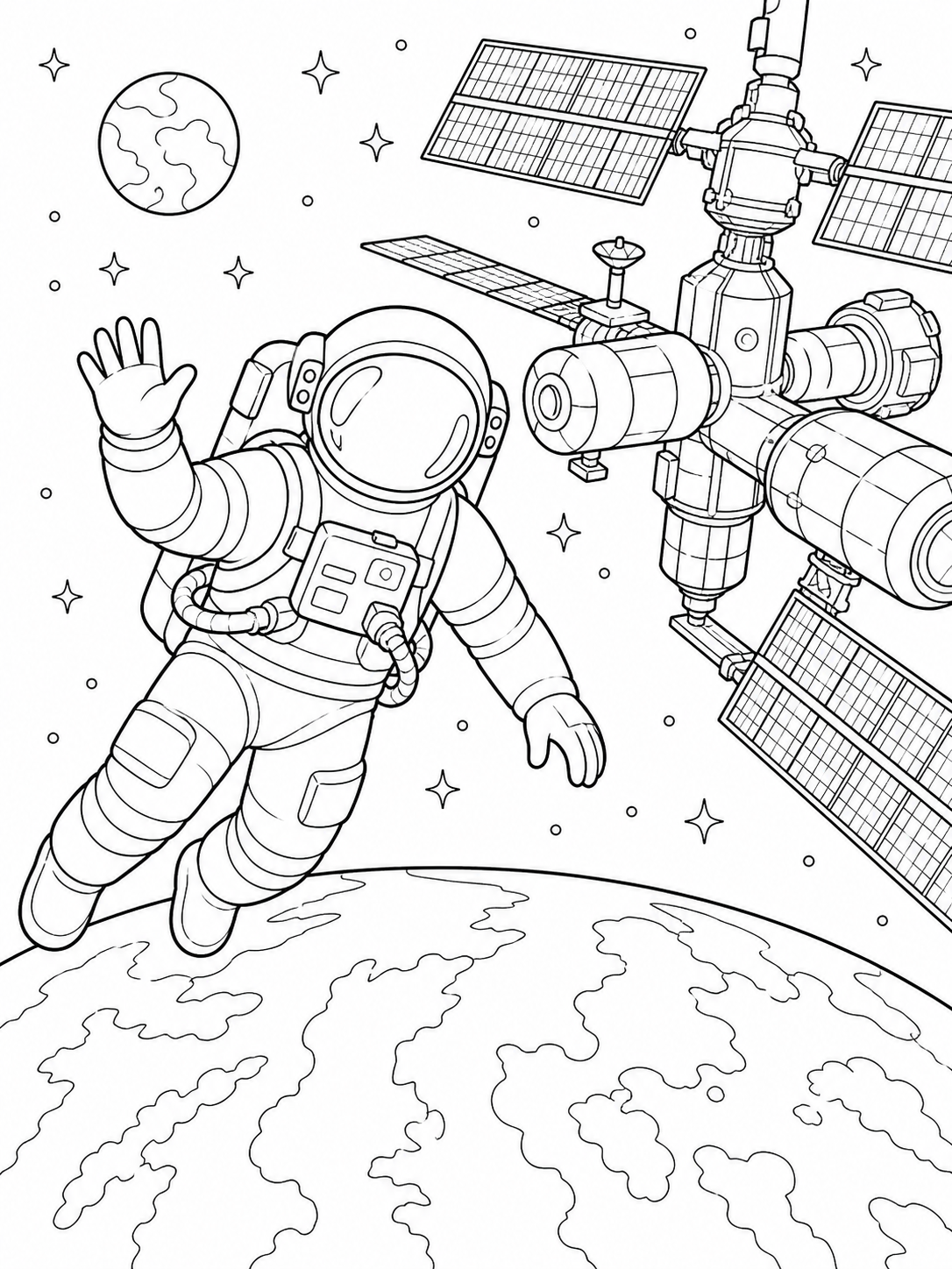Astronaut Near Space Station — space coloring pages