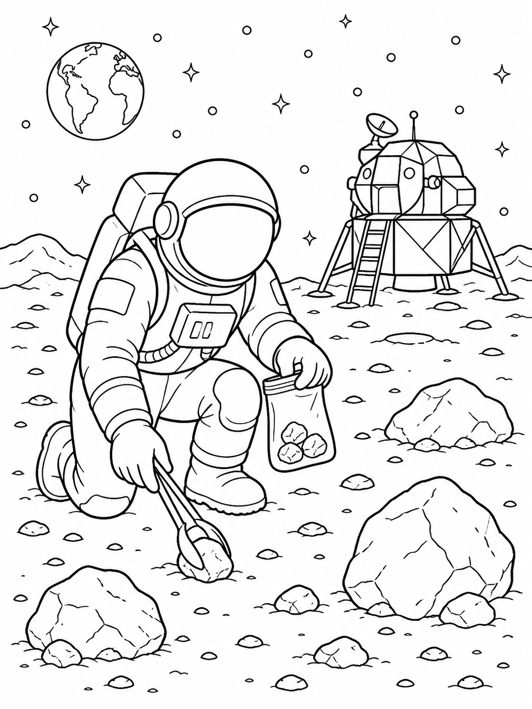 Astronaut Collecting Moon Rocks — space coloring pages