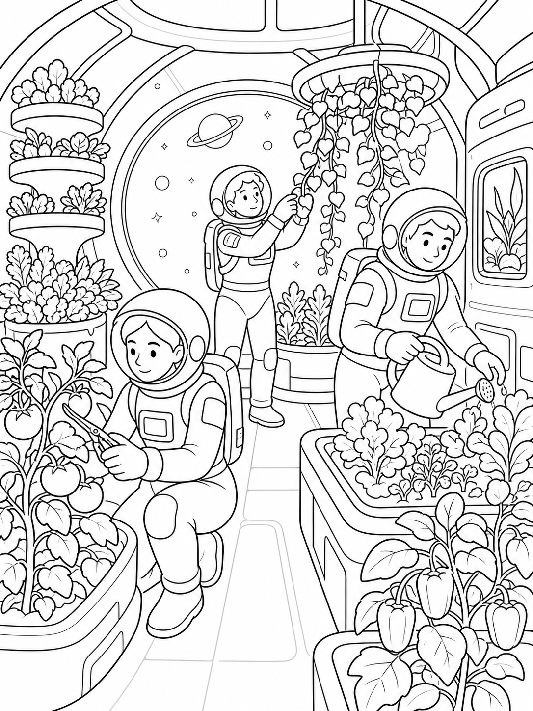 Astronauts In Space Garden — space coloring pages