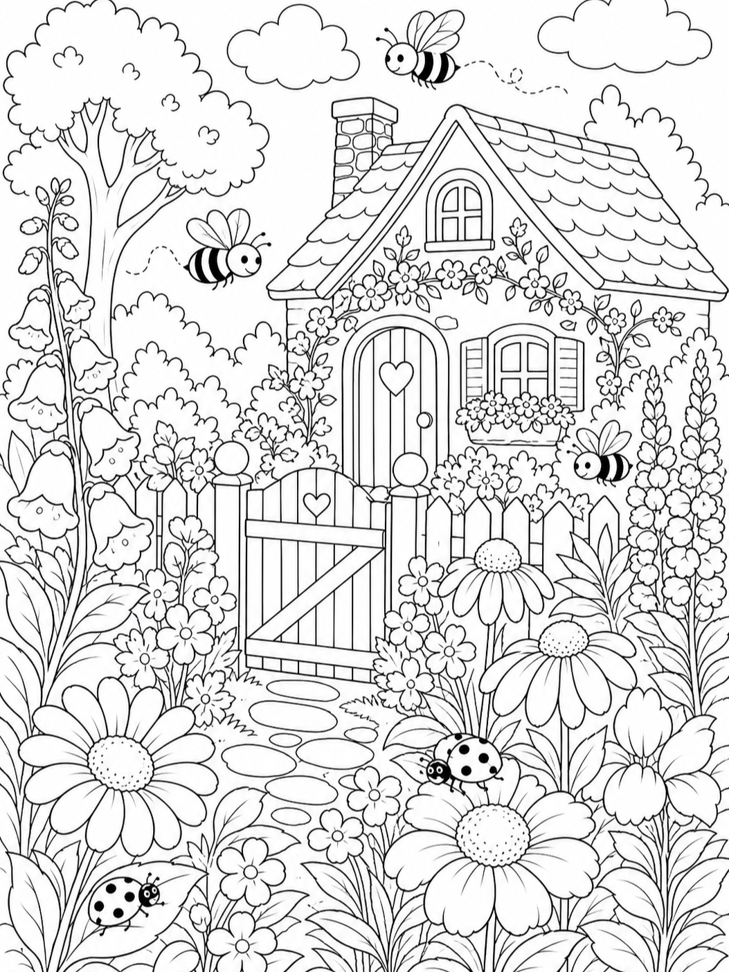 Cottage Garden With Bees — spring coloring pages