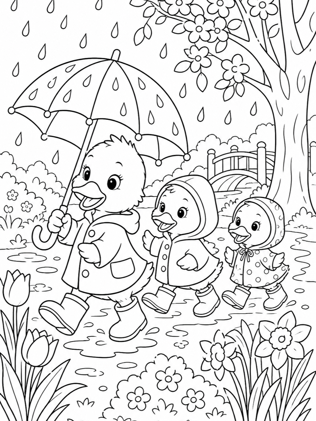 Ducklings Walking In Rain — spring coloring pages