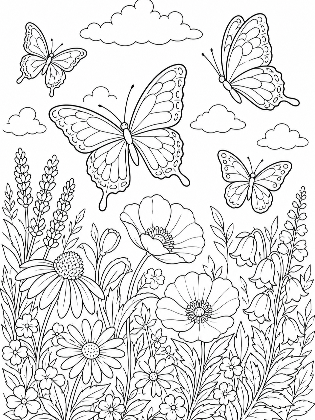 Butterflies Over Flowers — spring coloring pages