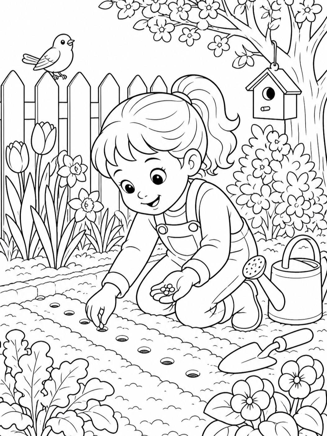 Girl Planting Seeds — spring coloring pages