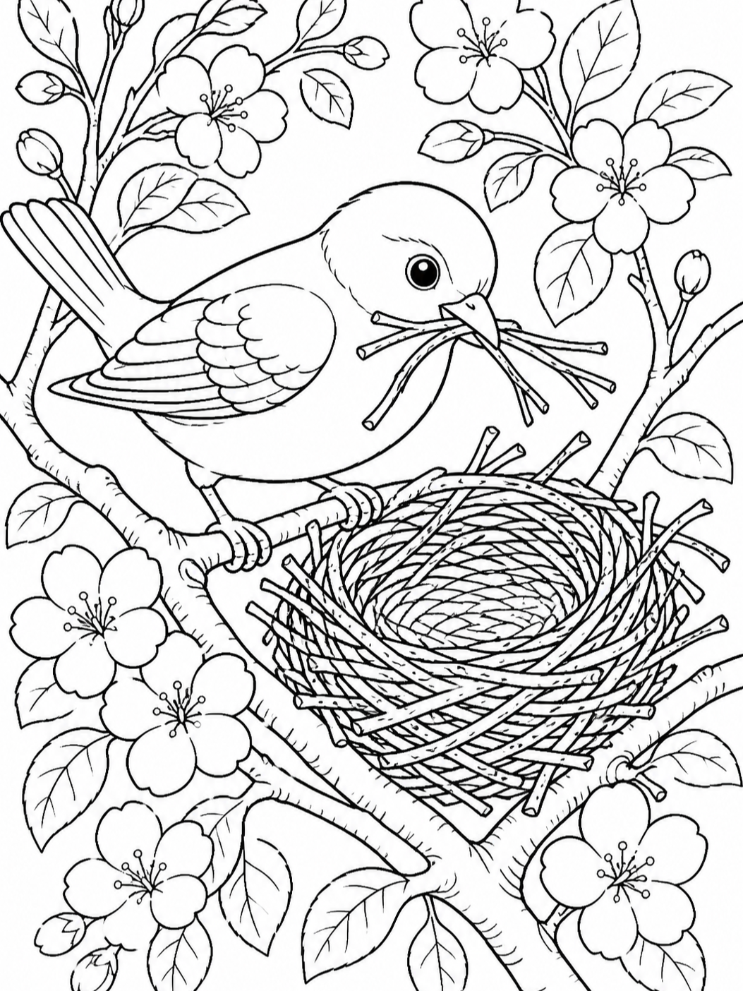 Bird At Its Nest — spring coloring pages