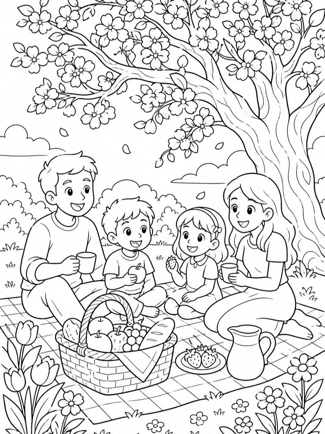 Family Picnic Under Tree — spring coloring pages