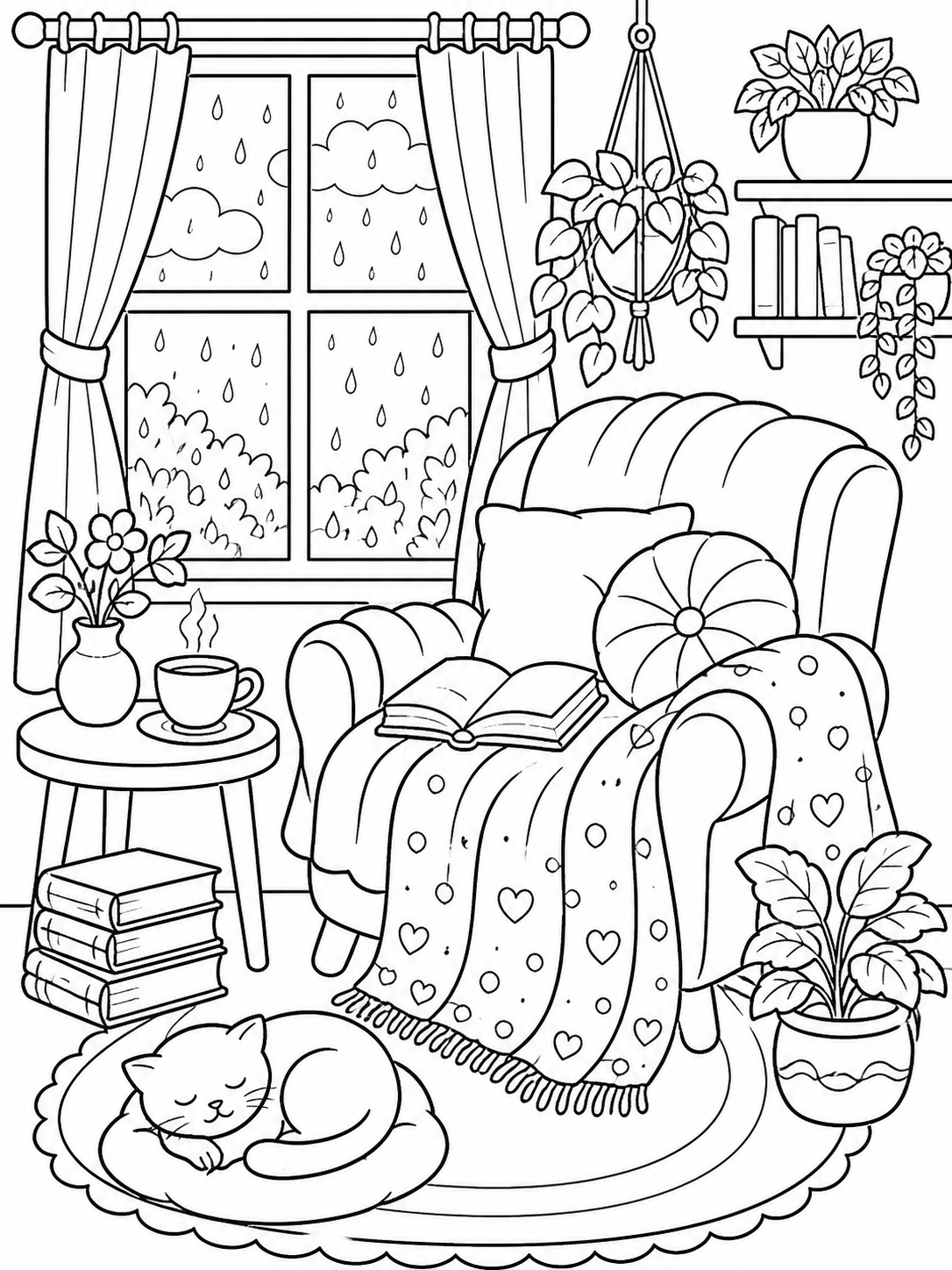 Cozy Reading Nook — stress relief coloring pages
