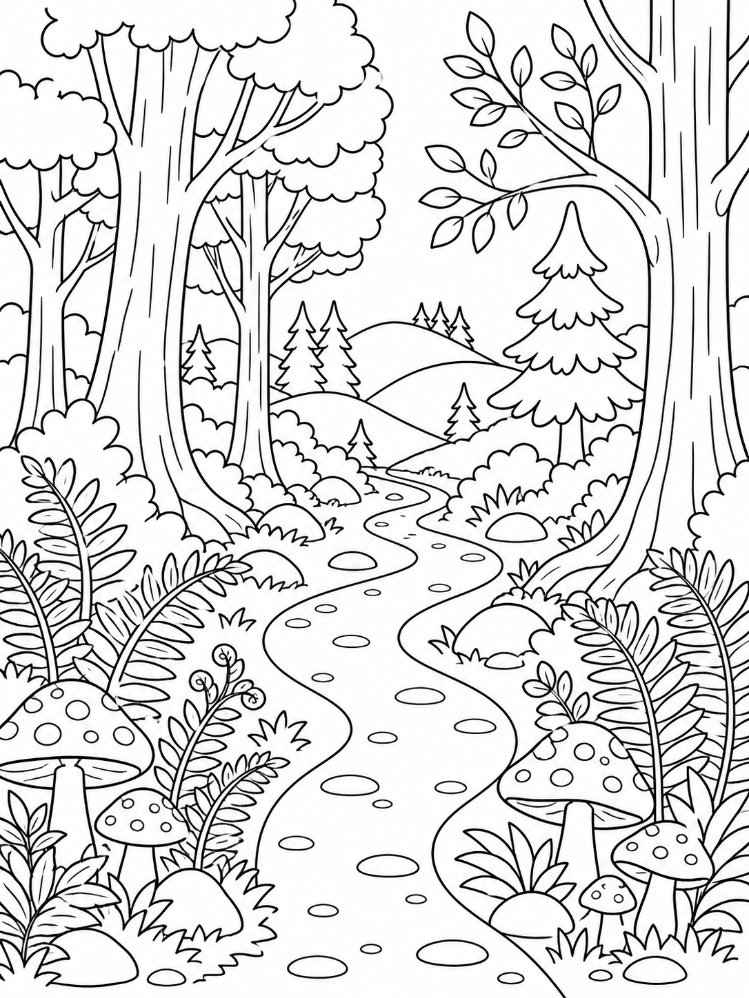 Forest Path With Mushrooms — stress relief coloring pages