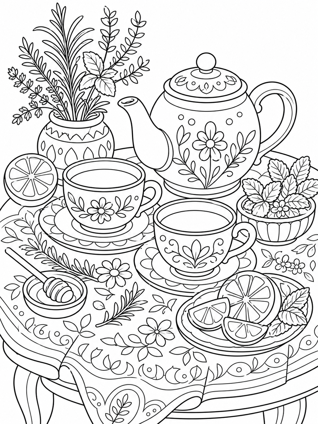 Teapot And Cups — stress relief coloring pages