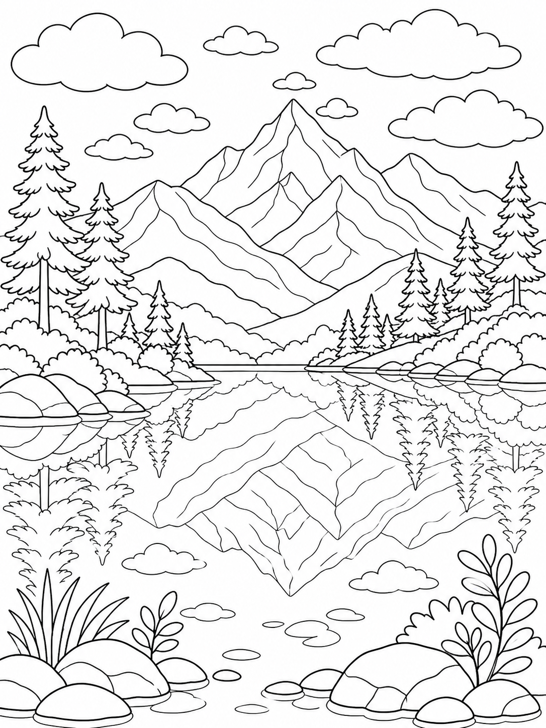 Mountain Lake Reflection — stress relief coloring pages