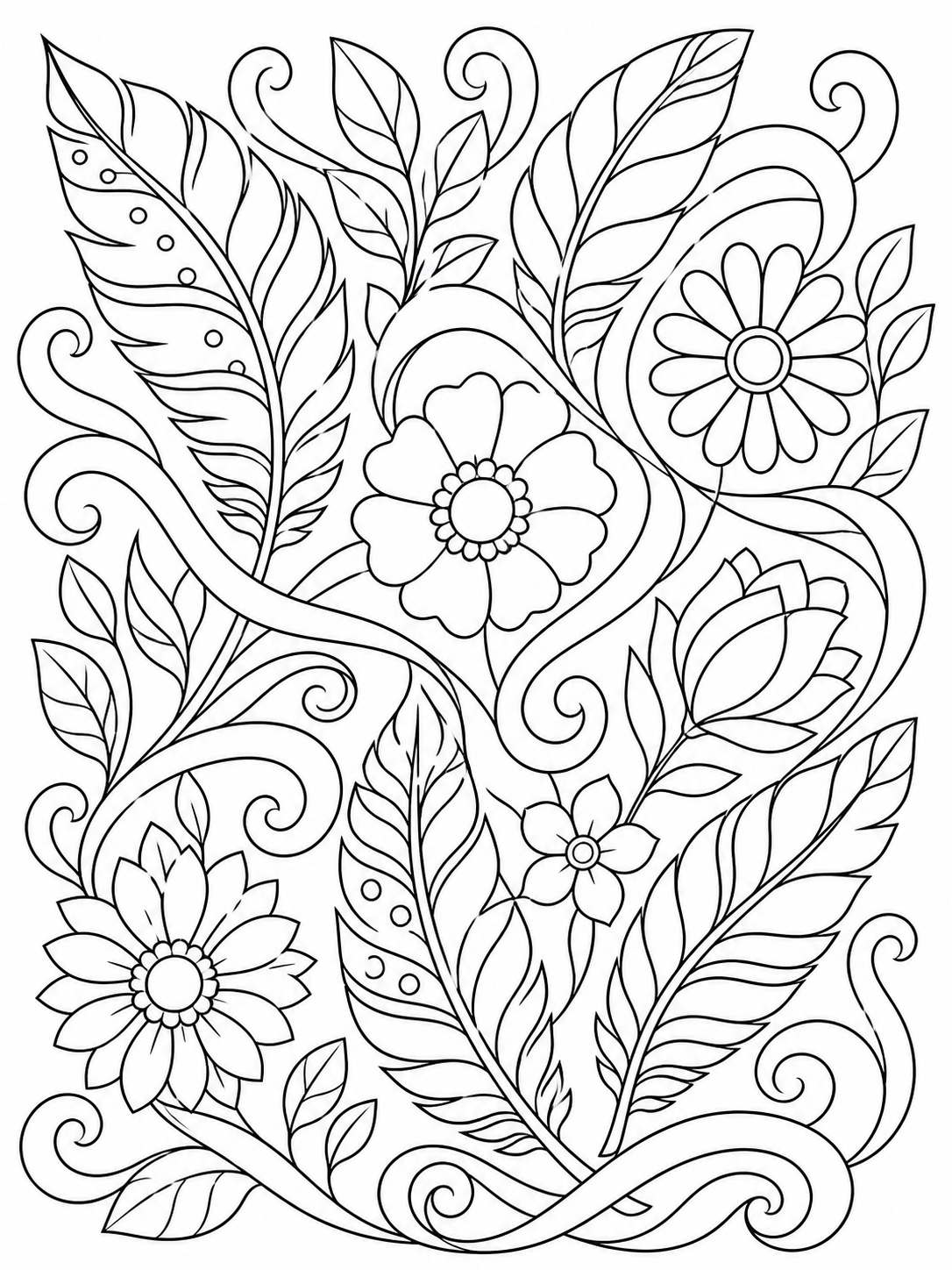 Floral Leaf Mandala — stress relief coloring pages