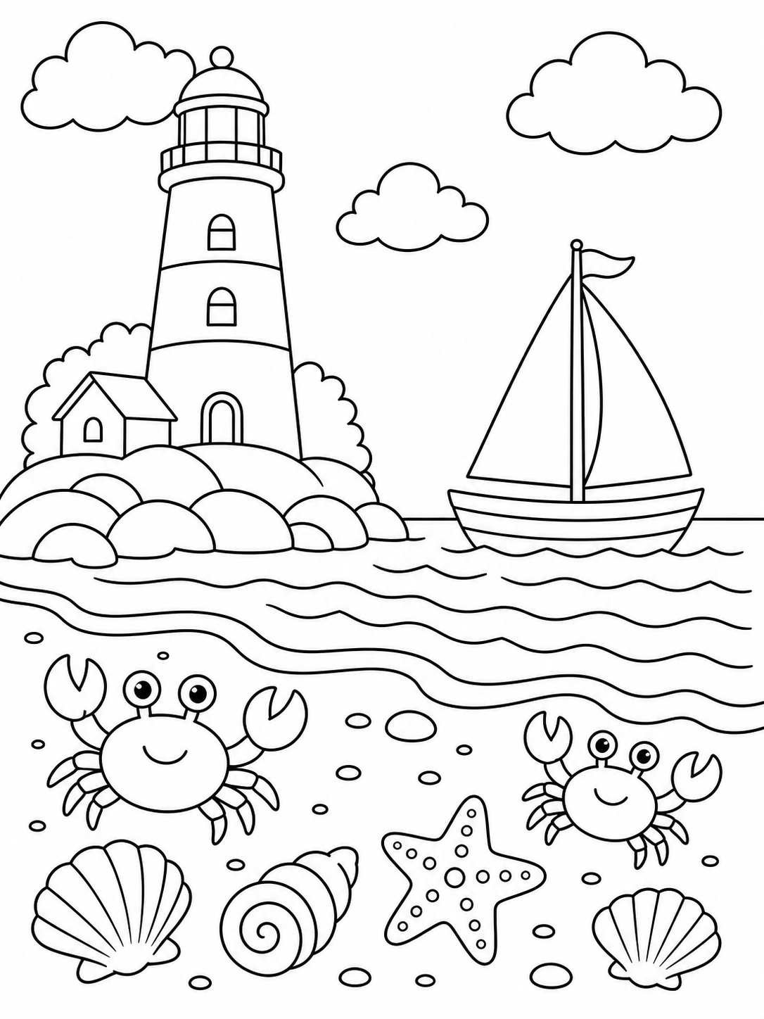 Lighthouse And Sailboat — summer coloring pages for kids