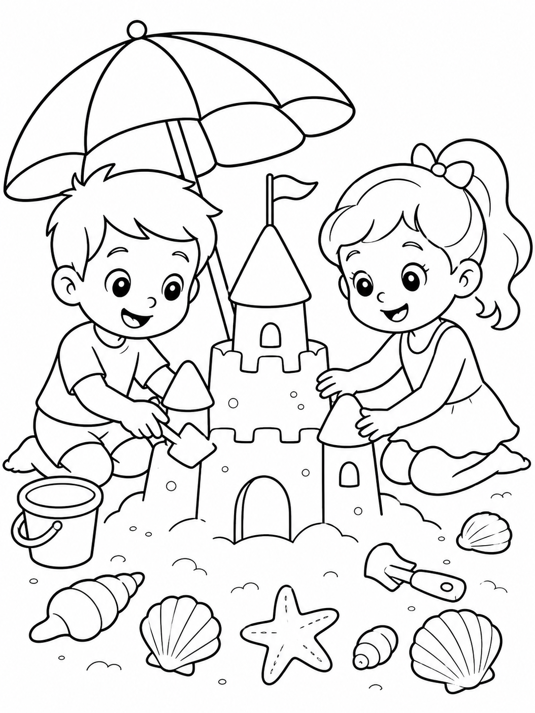 Kids Building Sandcastle — summer coloring pages for kids