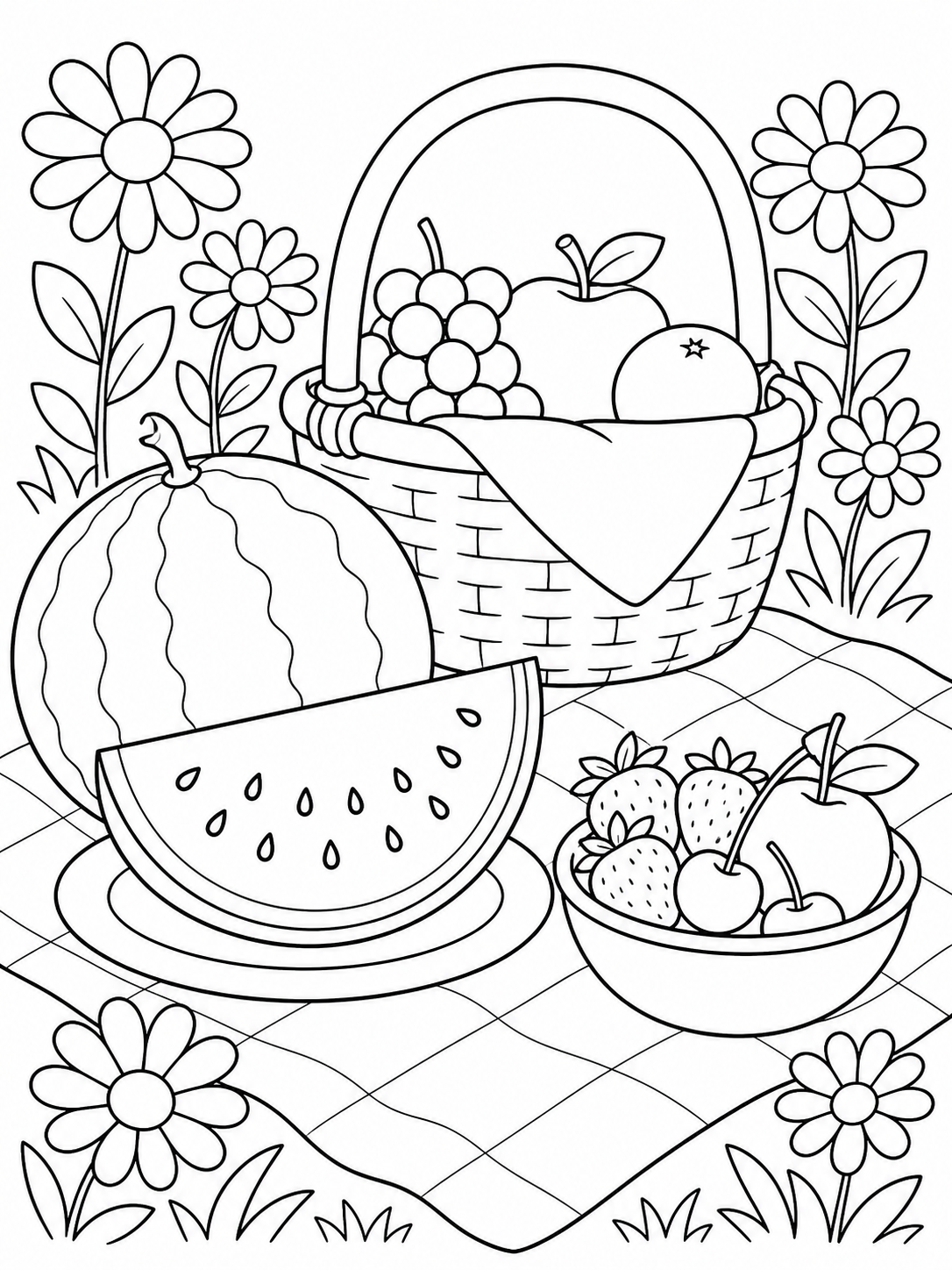 Picnic Basket Of Fruit — summer coloring pages for kids