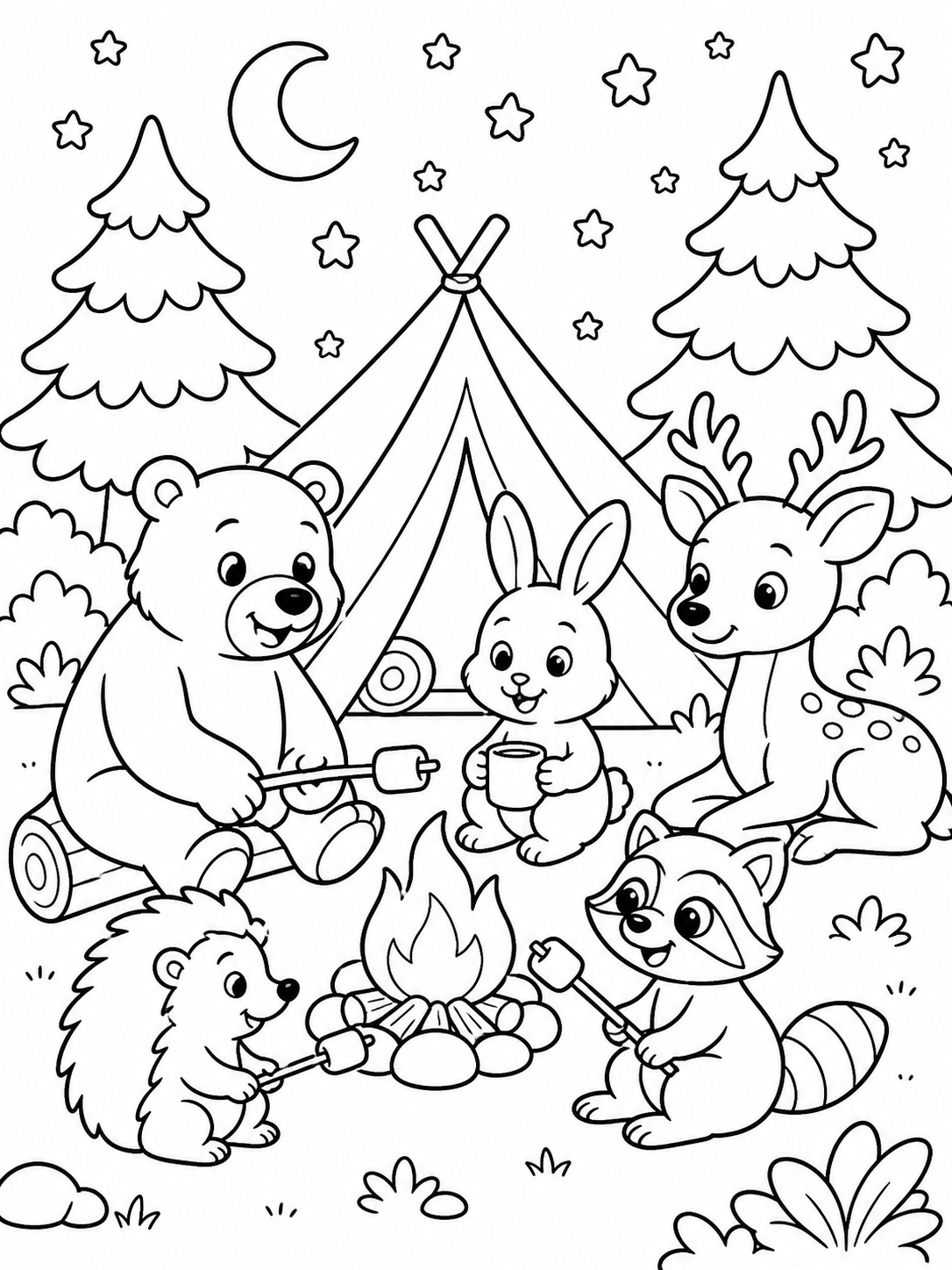Animals Camping By Fire — summer coloring pages for kids