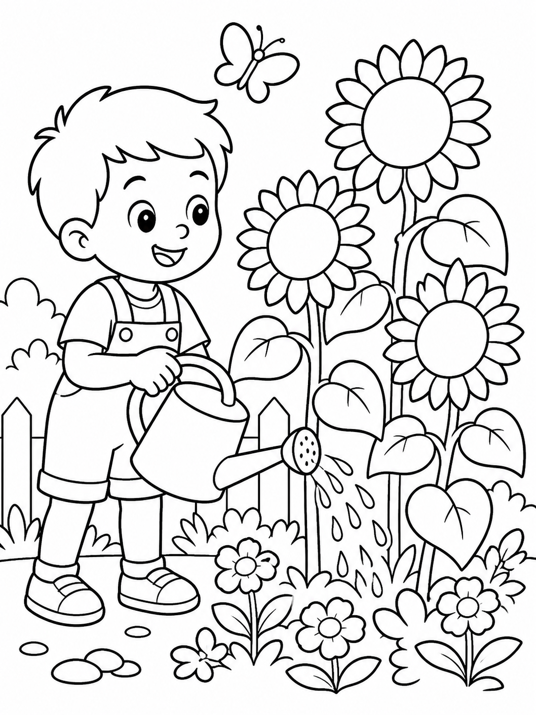 Boy Watering Sunflowers — summer coloring pages for kids