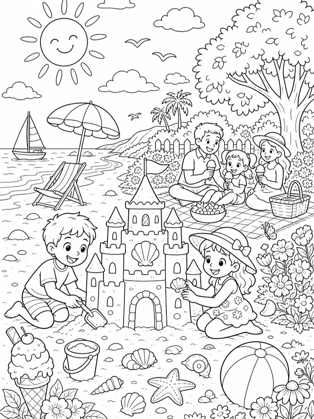 Children Building A Sandcastle — summer coloring pages