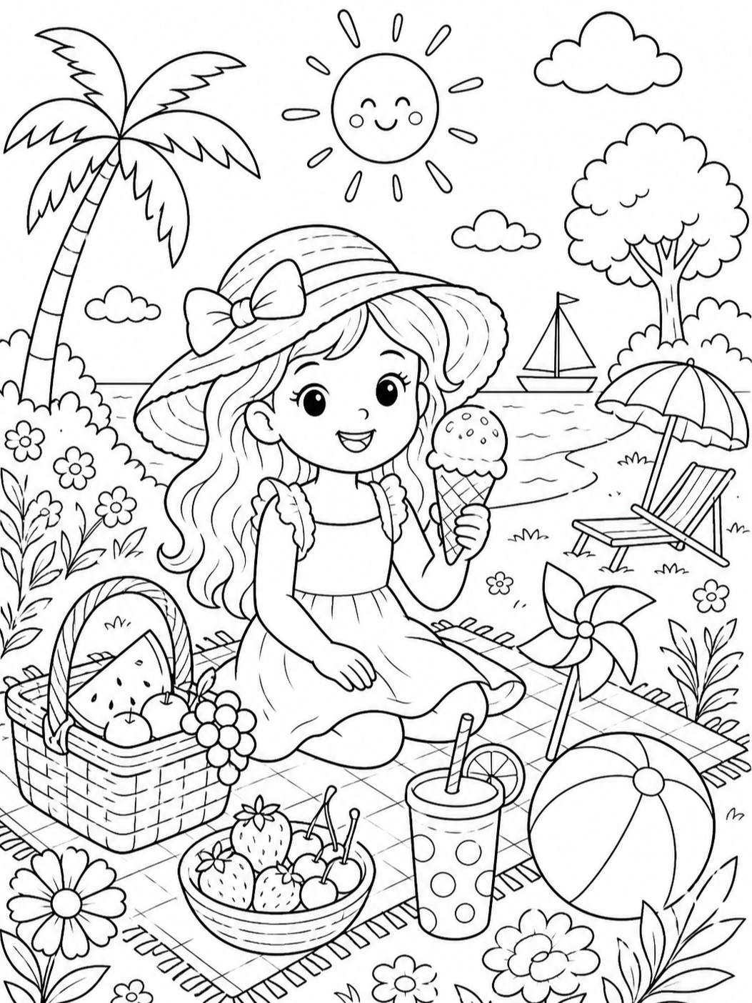 Girl With Ice Cream Picnic — summer coloring pages