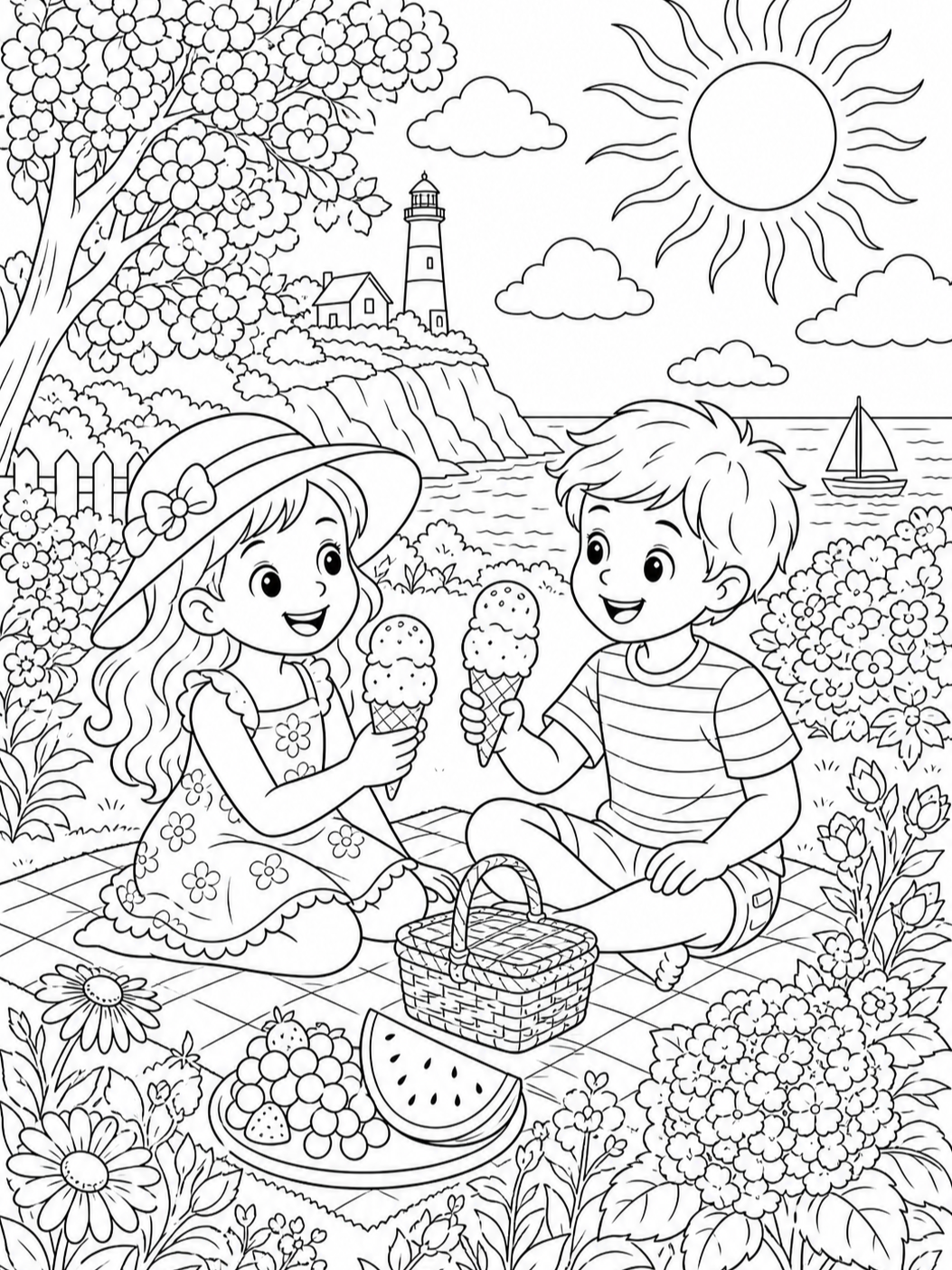 Children Sharing Ice Cream — summer coloring pages