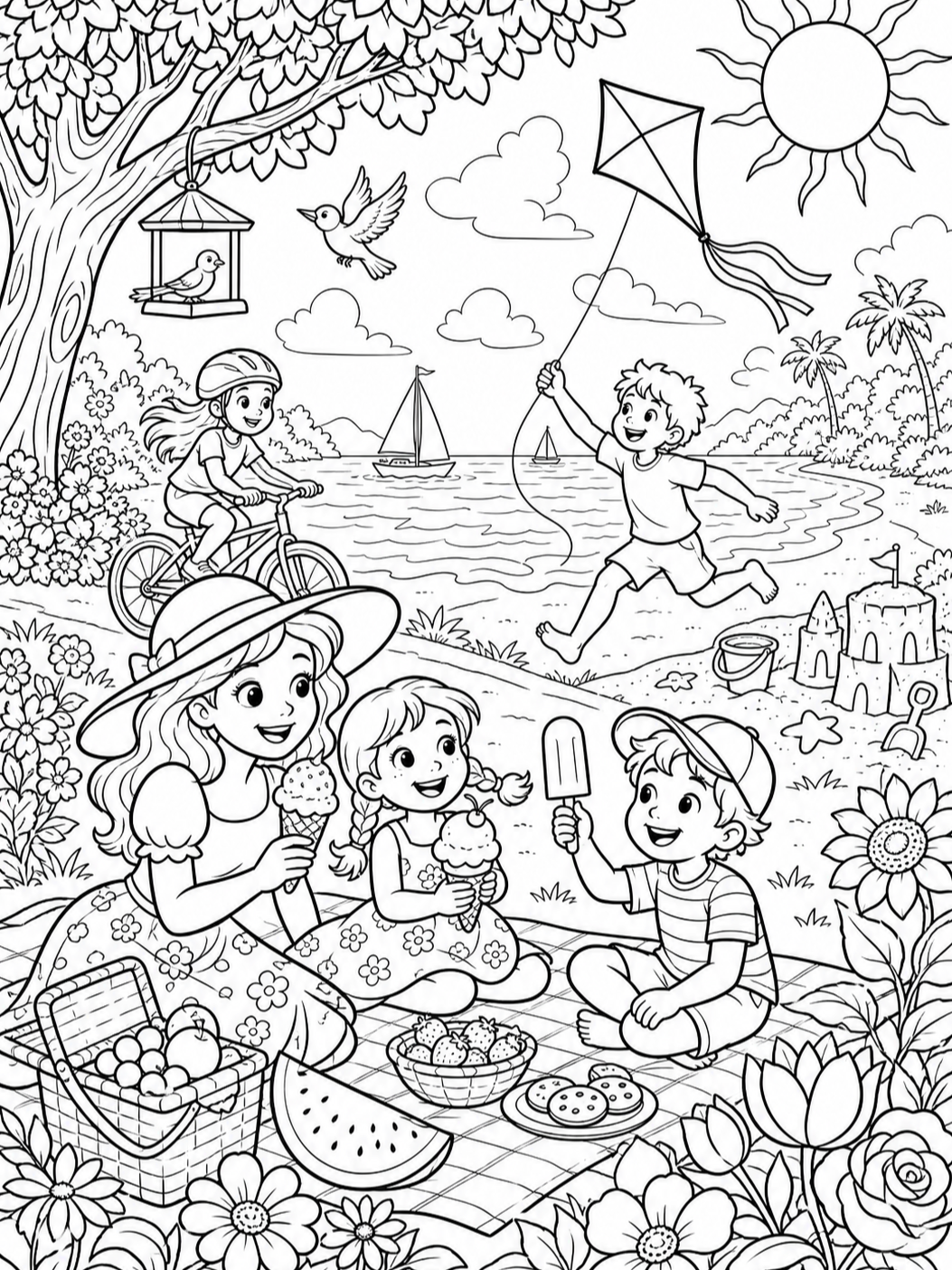 Family Flying A Kite — summer coloring pages