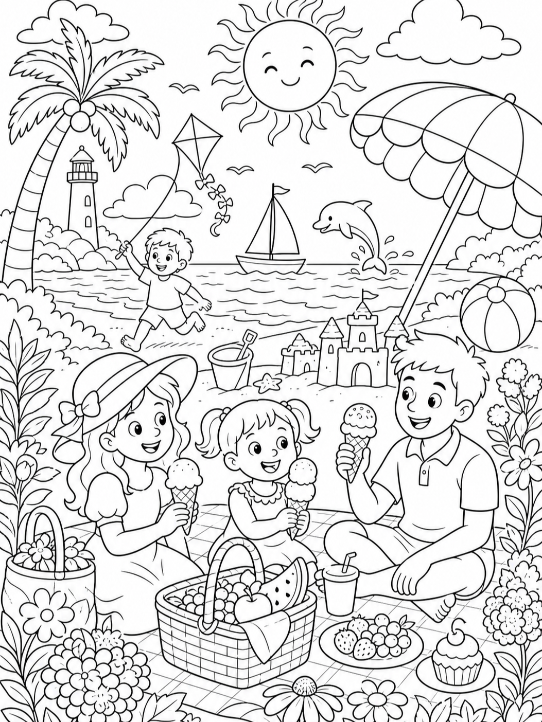 Beach Picnic With Sandcastle — summer coloring pages