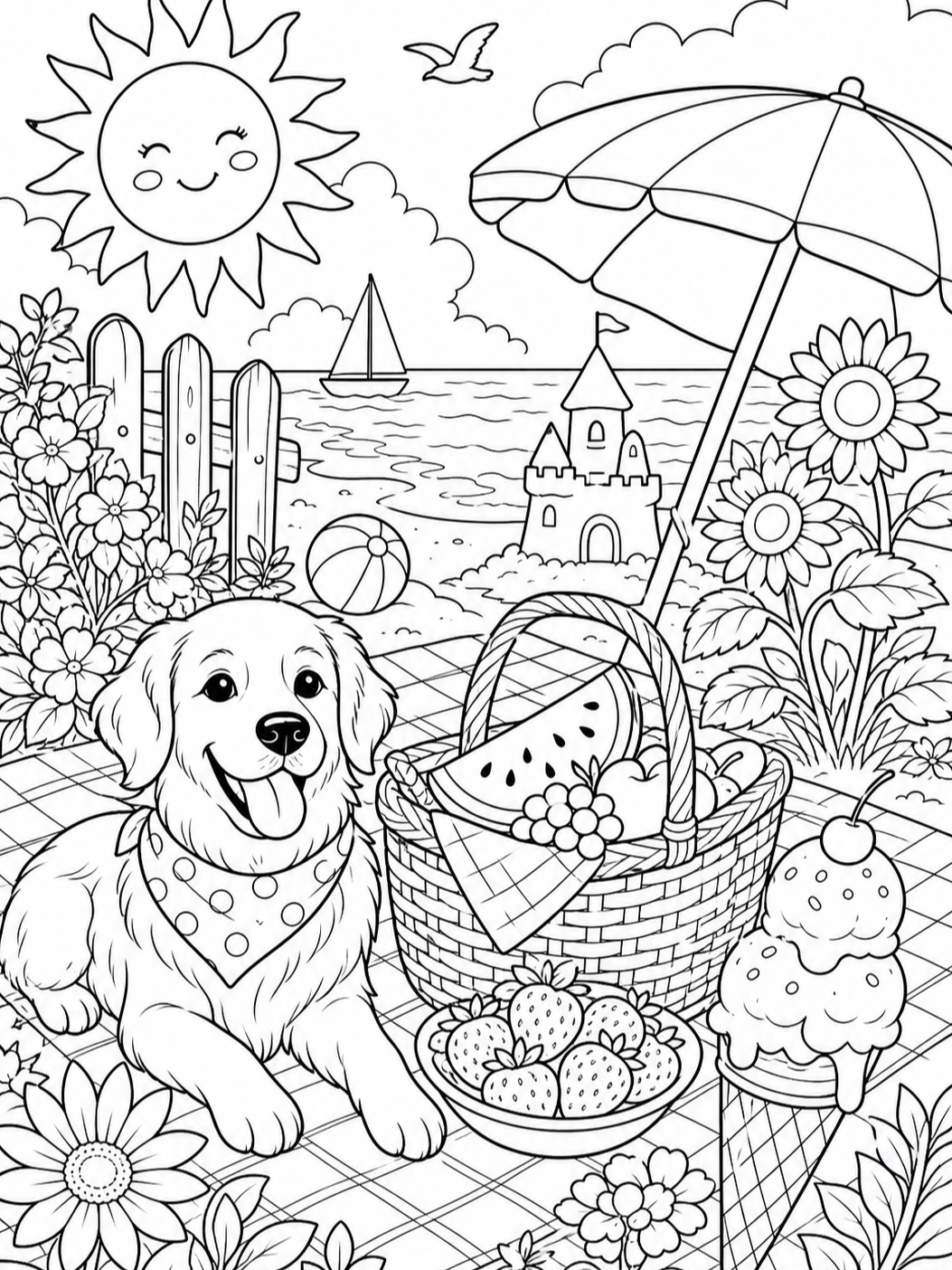 Dog With Picnic Basket — summer coloring pages