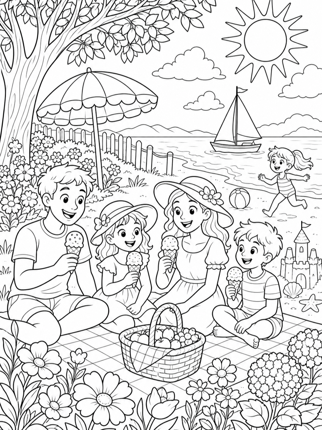 Family Picnic Under Umbrella — summer coloring pages
