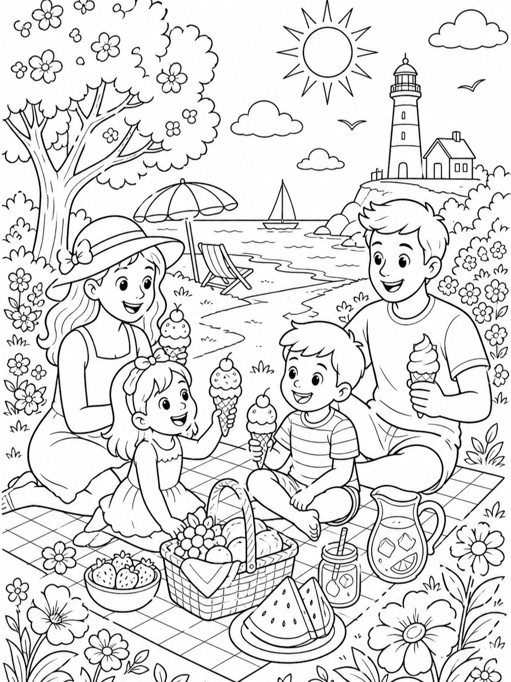 Family Eating Ice Cream — summer coloring pages