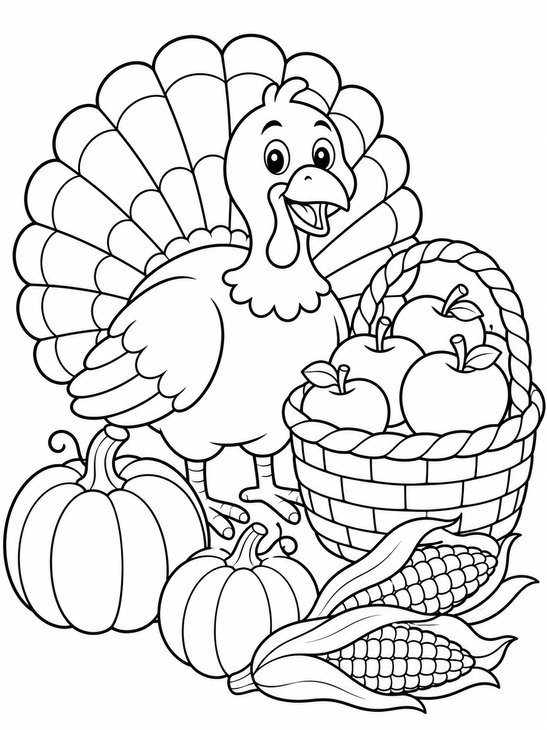 Turkey With Apple Basket — thanksgiving coloring pages for kids
