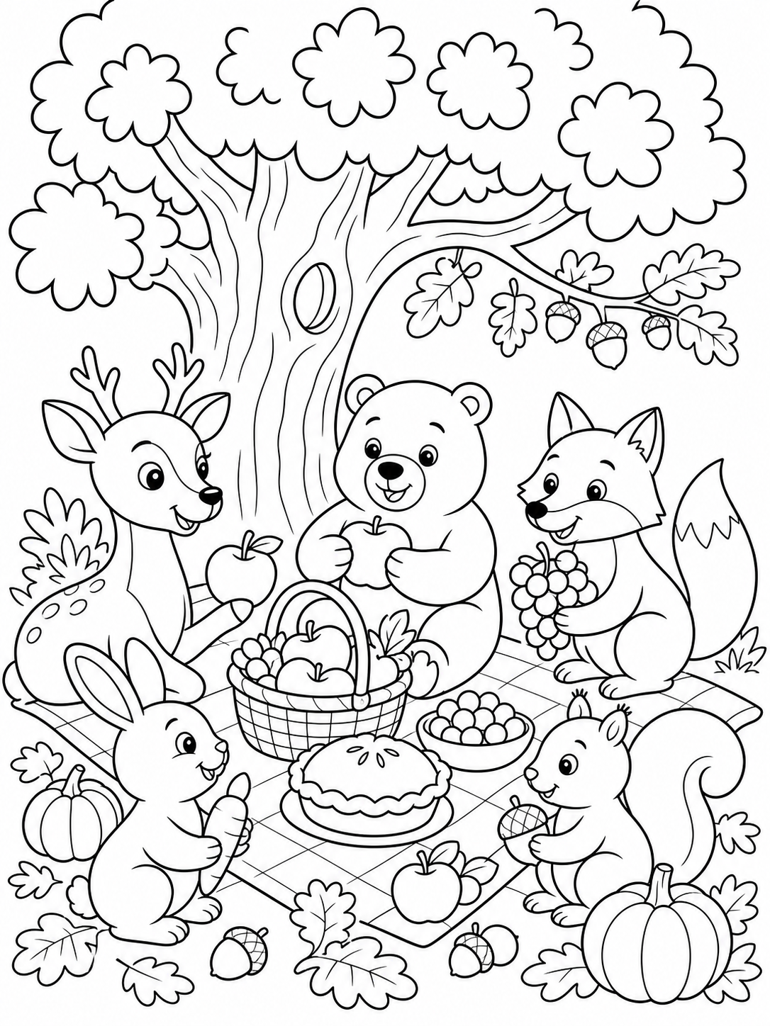 Forest Animals Autumn Picnic — thanksgiving coloring pages for kids