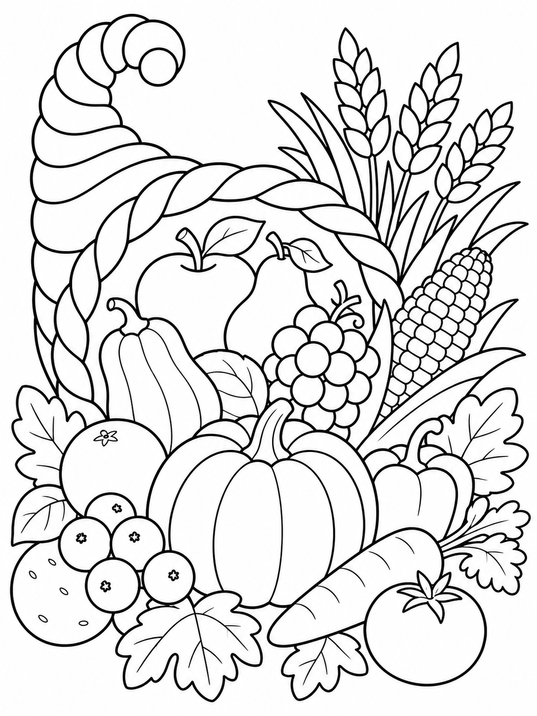 Cornucopia With Harvest Fruits — thanksgiving coloring pages for kids