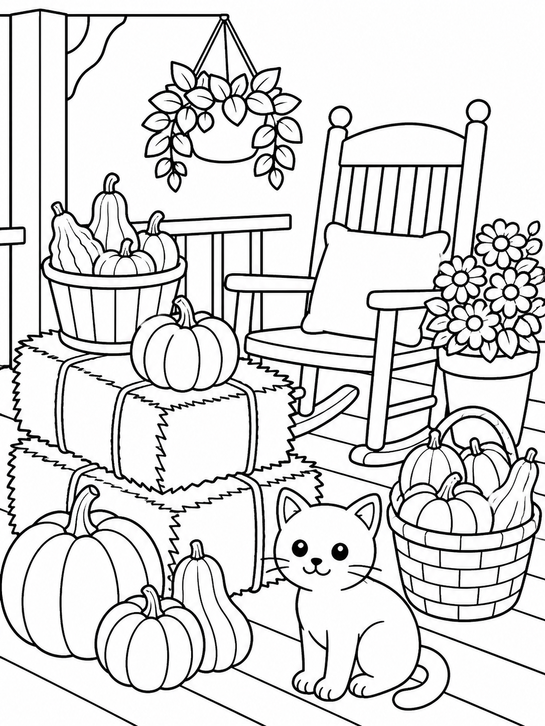 Autumn Porch With Cat — thanksgiving coloring pages for kids