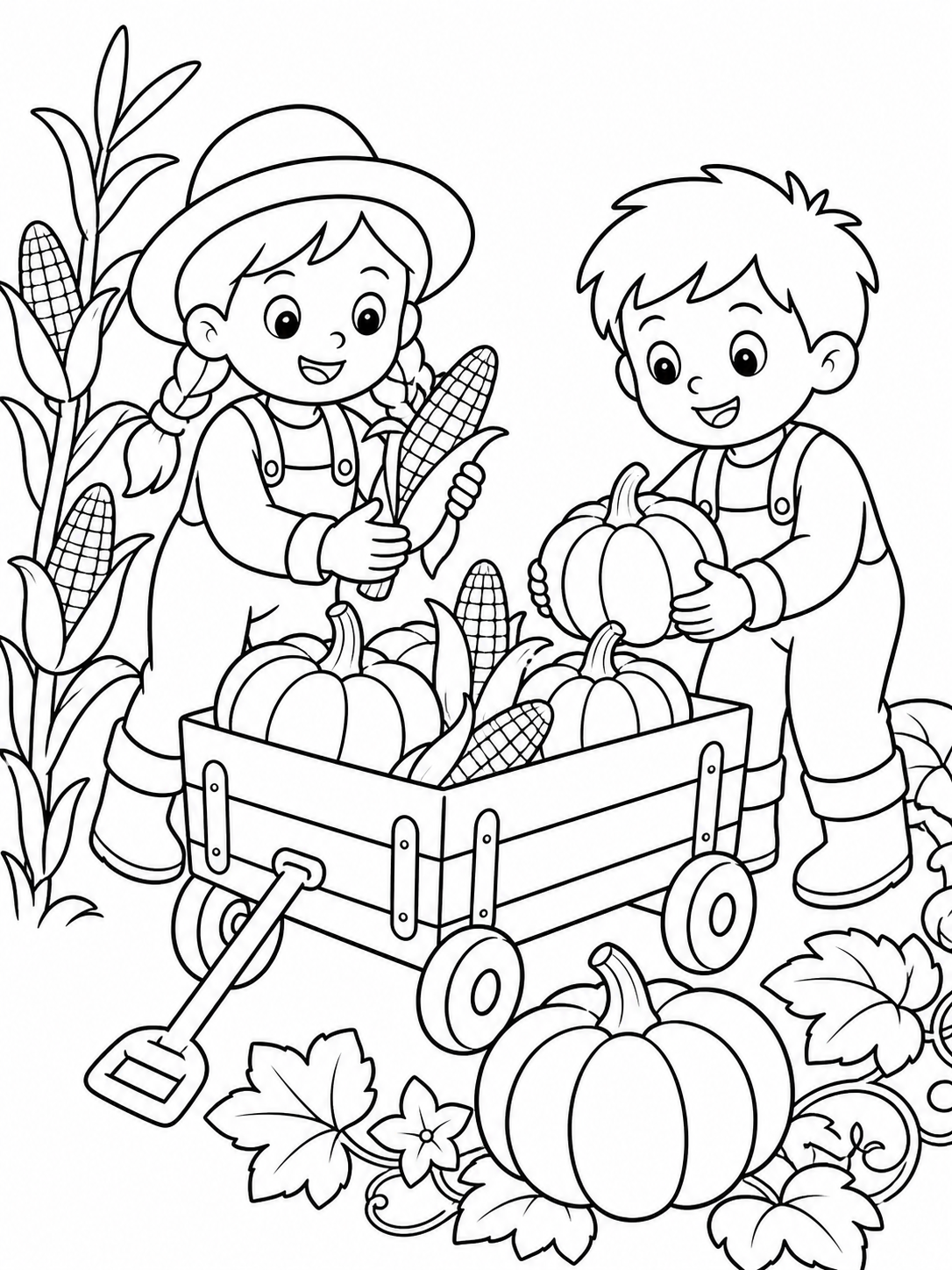 Kids Harvesting Vegetables — thanksgiving coloring pages for kids
