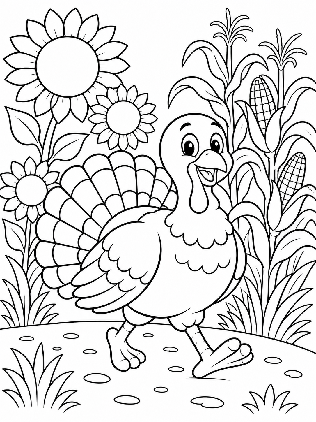 Turkey In The Garden — thanksgiving coloring pages for kids