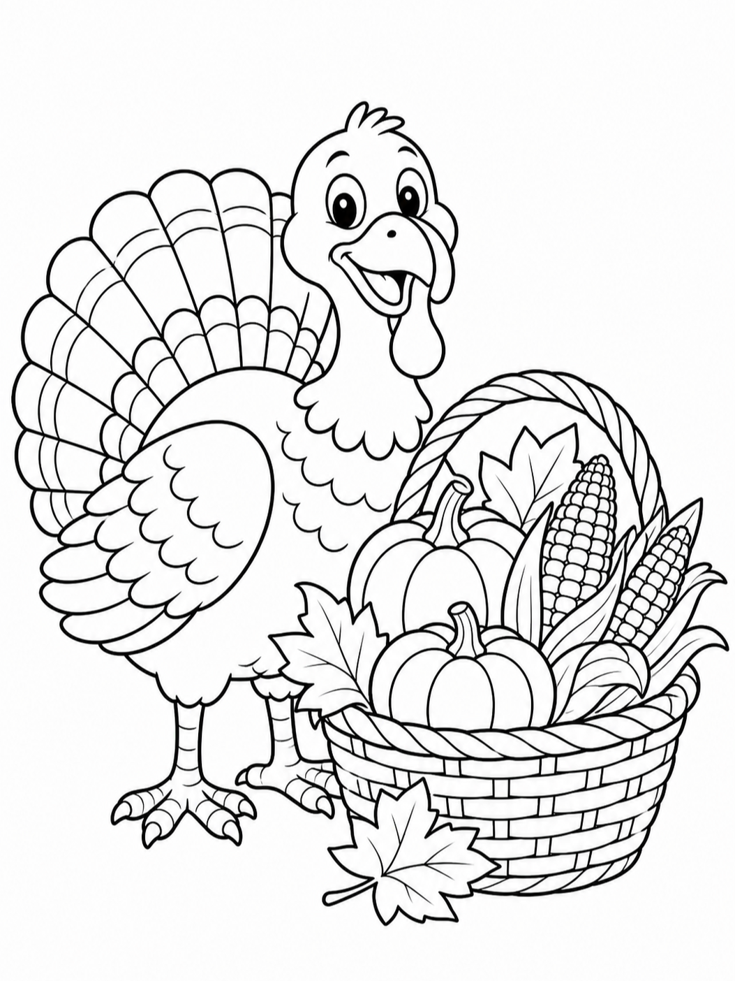 Turkey With Corn Basket — thanksgiving coloring pages